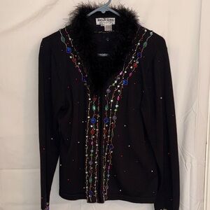 Elegant Black Beaded Jacket with Faux Fur Collar